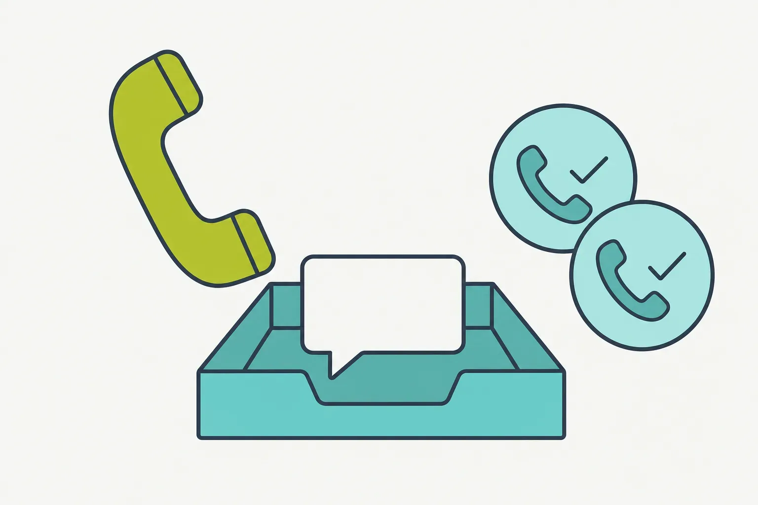 Ein zentrales Ablagefach mit einer Sprechblase darin, links ein Telefonhörer‑Symbol, rechts zwei überlappende Kreise mit Hörer‑und‑Häkchen‑Symbolen als feste Rückrufer.
