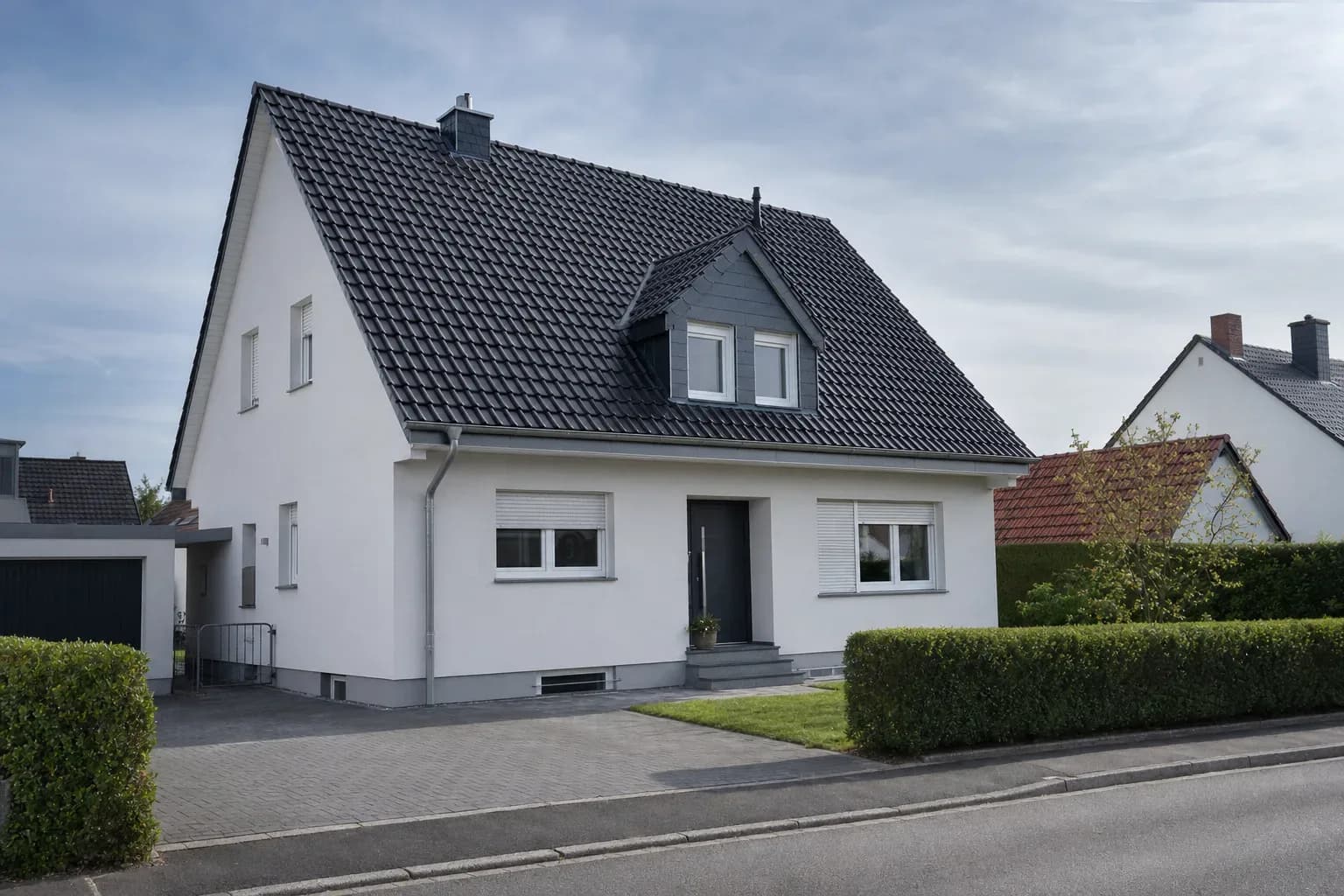 Schräger Blick von oben über mehrere große Flachdächer eines Gewerbegebiets im Rhein‑Main‑Gebiet mit dicht angeordneten Photovoltaikmodulen bei frühem Seitenlicht.