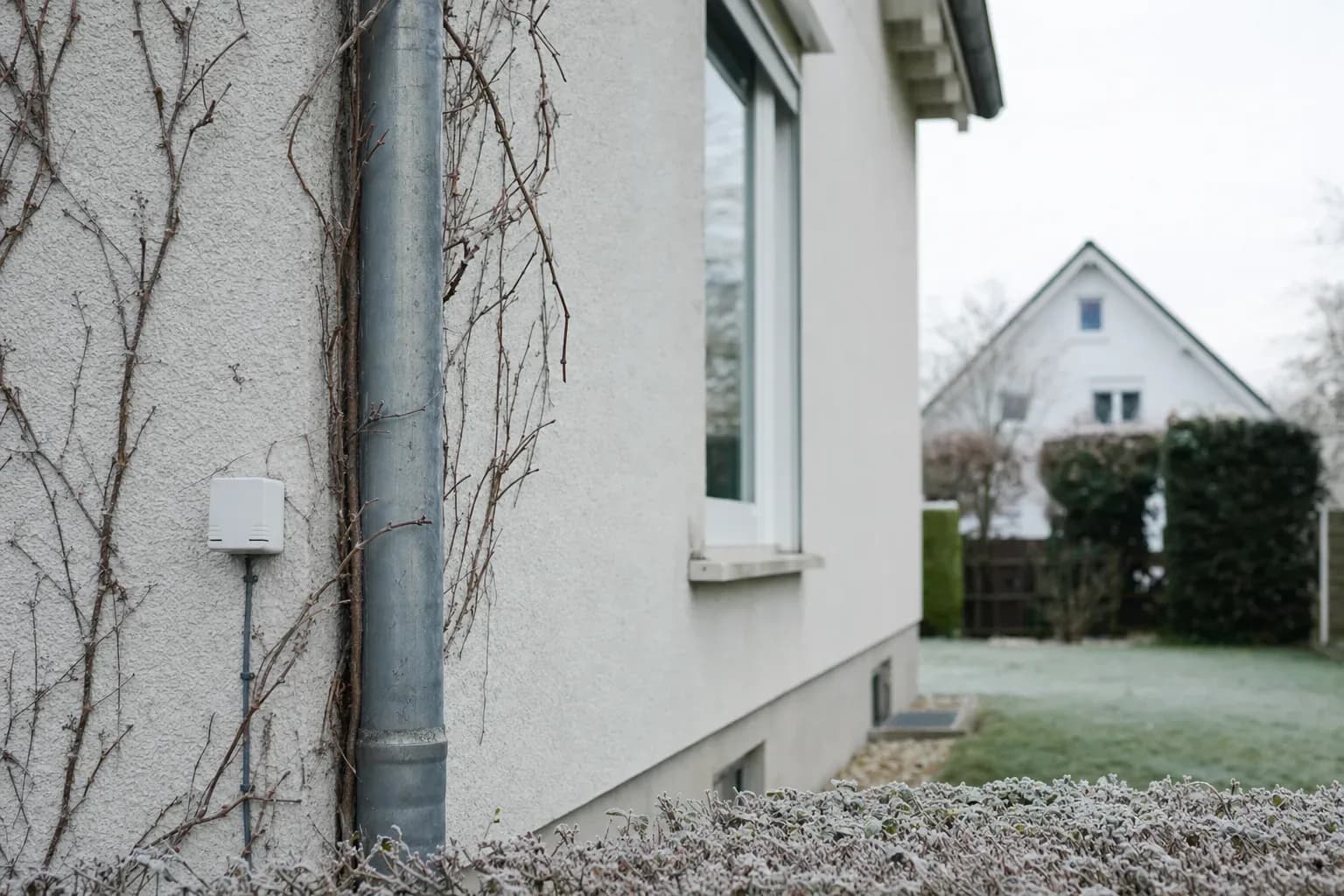 Außentemperaturfühler an einer verputzten Hausfassade neben einem Fallrohr, aufgenommen an einem frostigen Wintervormittag mit Raureif im Vordergrund.