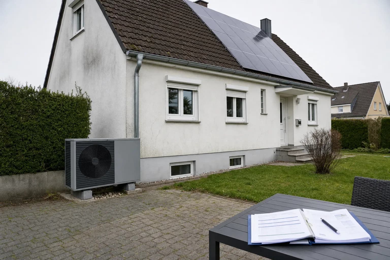 Luftwärmepumpe am Einfamilienhaus mit PV-Dach und Unterlagen zum KfW-Antrag im Garten