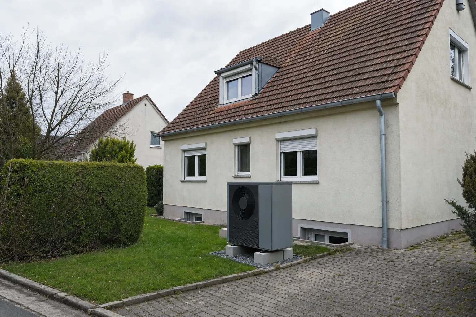 Wärmepumpen-Außengerät am Einfamilienhaus; Techniker prüft KfW-Antrag mit Bestätigung zum Antrag im Garten