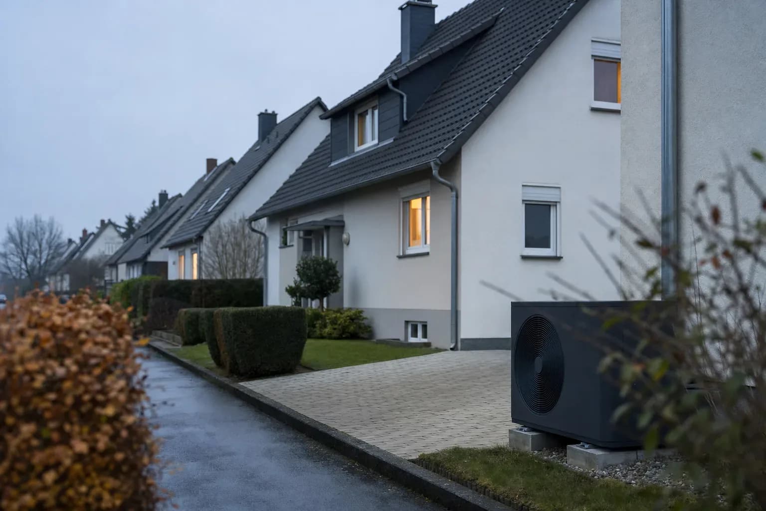 Reihenhäuser im Rhein‑Main‑Gebiet in der winterlichen blauen Stunde mit Hecke im Vordergrund; am rechten Rand ist eine unscharfe Außeneinheit einer Wärmepumpe zu sehen.