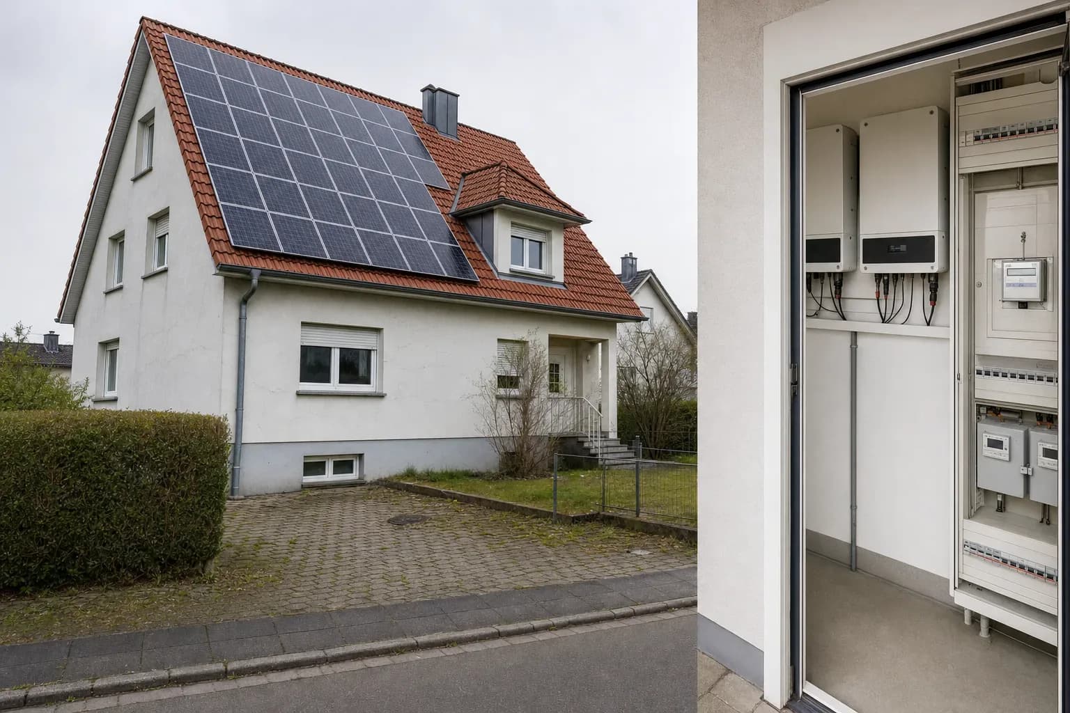 Photovoltaikmodule auf einem Ziegeldach in Mainz mit Blick auf den Einspeisezähler im Innenraum.