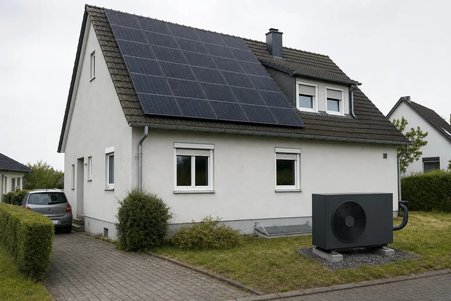 Wohnhaus mit Solardach, Heimspeicher und Wärmepumpen‑Außengerät; Familie nutzt Haushaltsgeräte tagsüber.