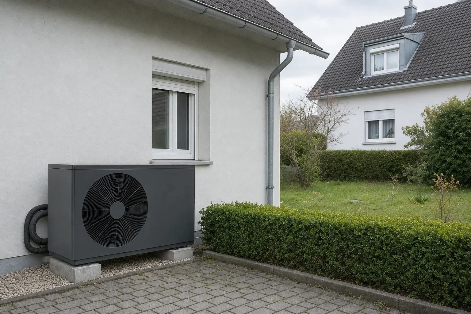 Außeneinheit einer Wärmepumpe mit Schallschutzhaube an einer Hauswand