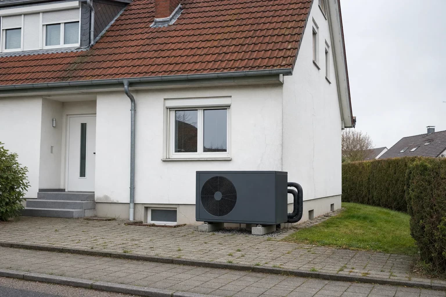 Zählerschrank mit Smart Meter und Steuerbox, Elektriker prüft die Anzeigen neben einer Wärmepumpen-Außeneinheit auf dem Hof