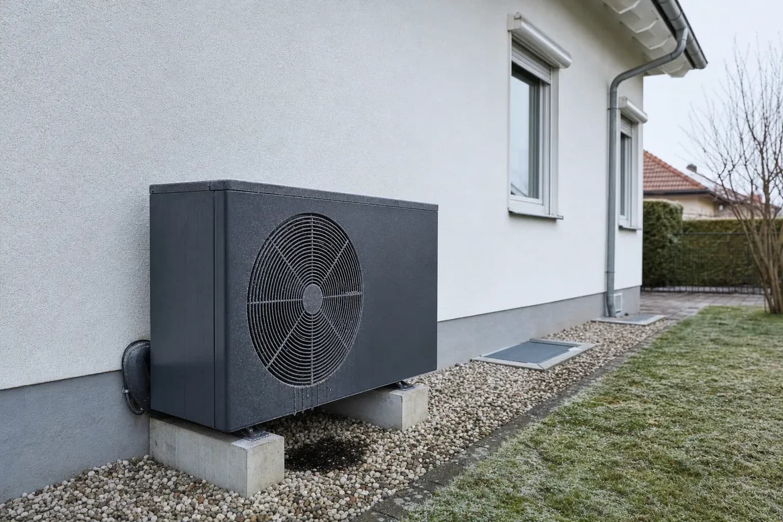 Außengerät einer Wärmepumpe mit dünnem Reif auf dem Gitter und feuchtem Kies darunter im diffusen Winterlicht.